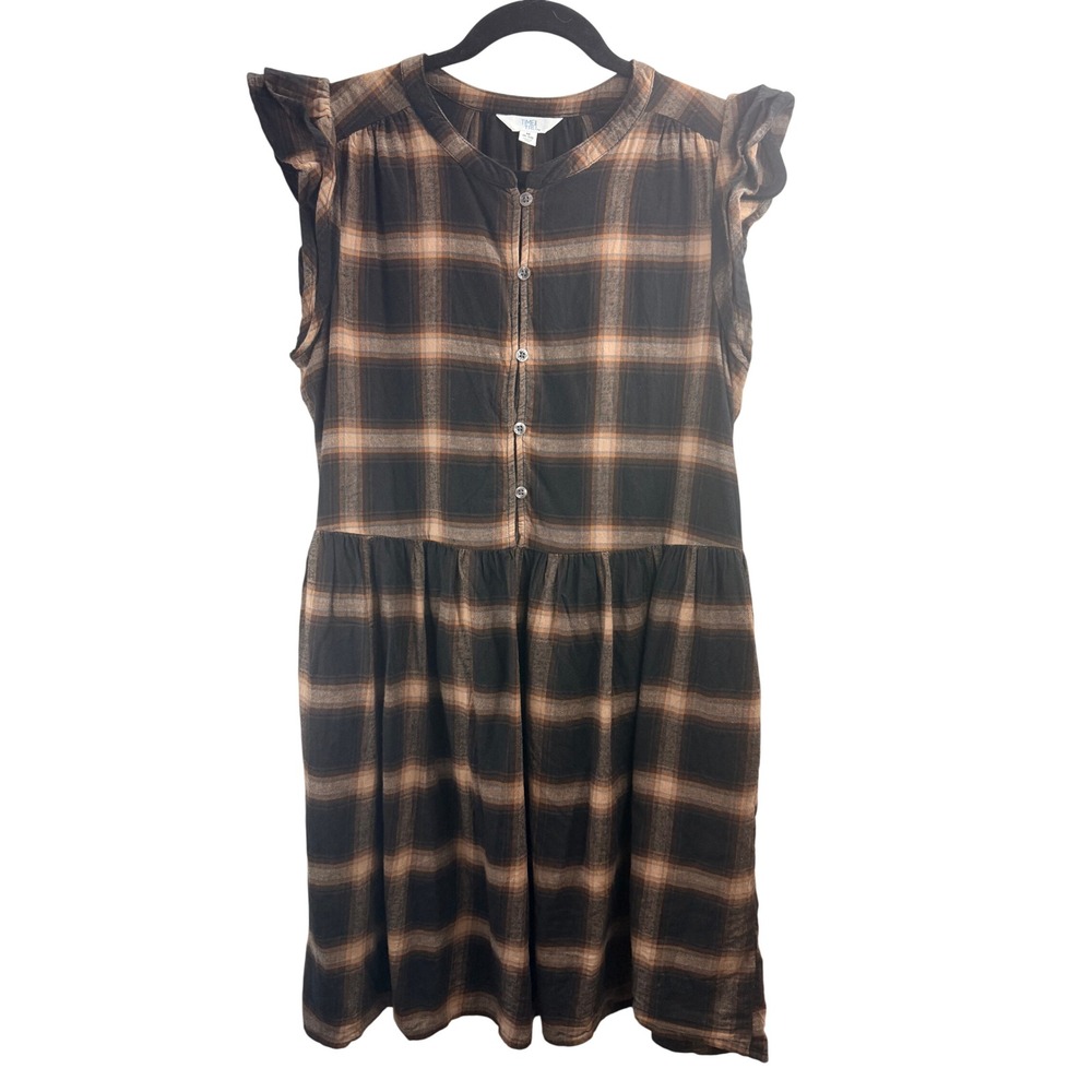 Time and Tru Womens Brown Plaid Ruffle Sleeve‎ Grunge Babydoll Dress Sx M 8-10